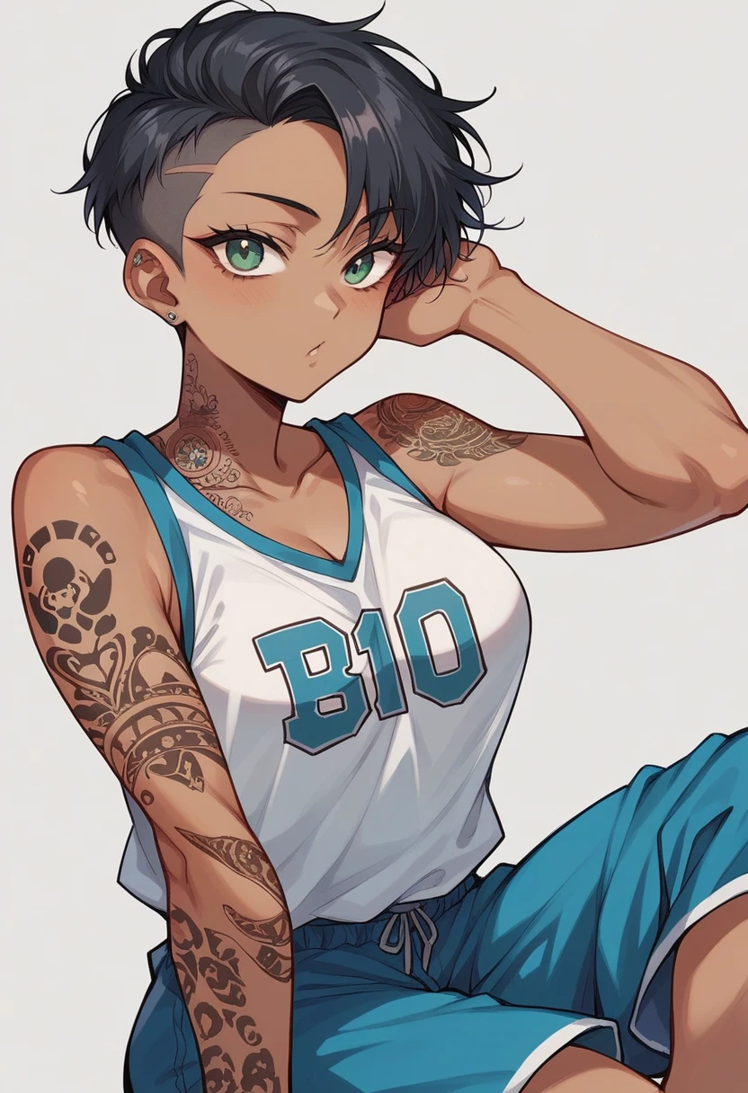 teenage woman with dark skin,black hair brushed back cut on the sides dyed leopard,leopard stripes tattooed on neck ,green eyes light blue basketball shirt with white stripes from the brand Gucci,anime style