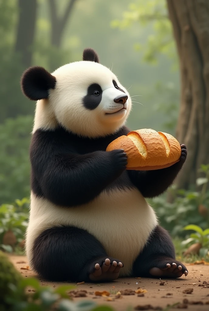Panda kneeling giving honor for a bread