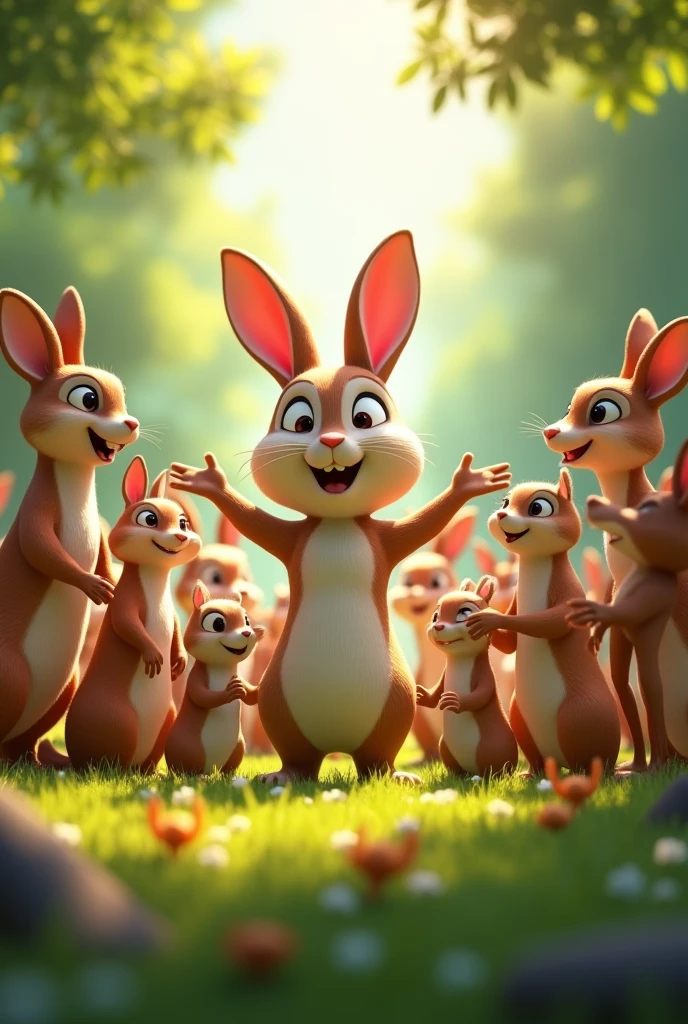 In 3d cinematic interesting cartoon style “Various animals like squirrels, birds, and deer gathering around the rabbit, celebrating and praising the rabbit for its hard work and success”