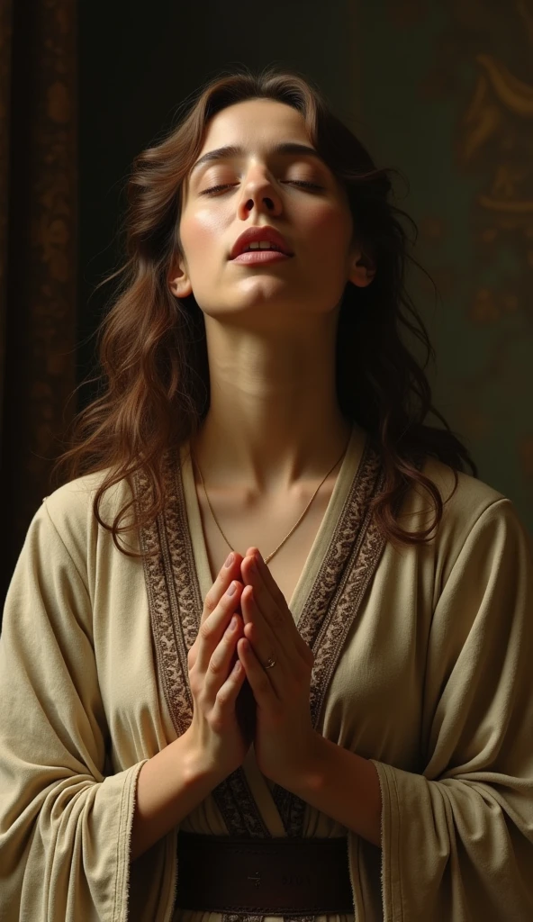 beautiful young Rebecca Hall as Virgin Mary (traditional sabbath clothing style of Jerusalem 2024 years ago, brunette, she prays with her arms apart, her palms are open and reached up,) , eyes closed, pursed lips, closeup, masterpiece, photorealistic, detailed portrait, high quality, realistic, intricate details, warm lighting, soft focus, dramatic lighting, oil painting, renaissance style