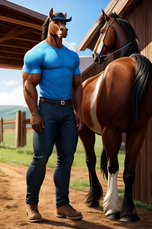 Muscular, brown horse, with blue t-shirt, and with balck pants,,and in the ranch, by day.