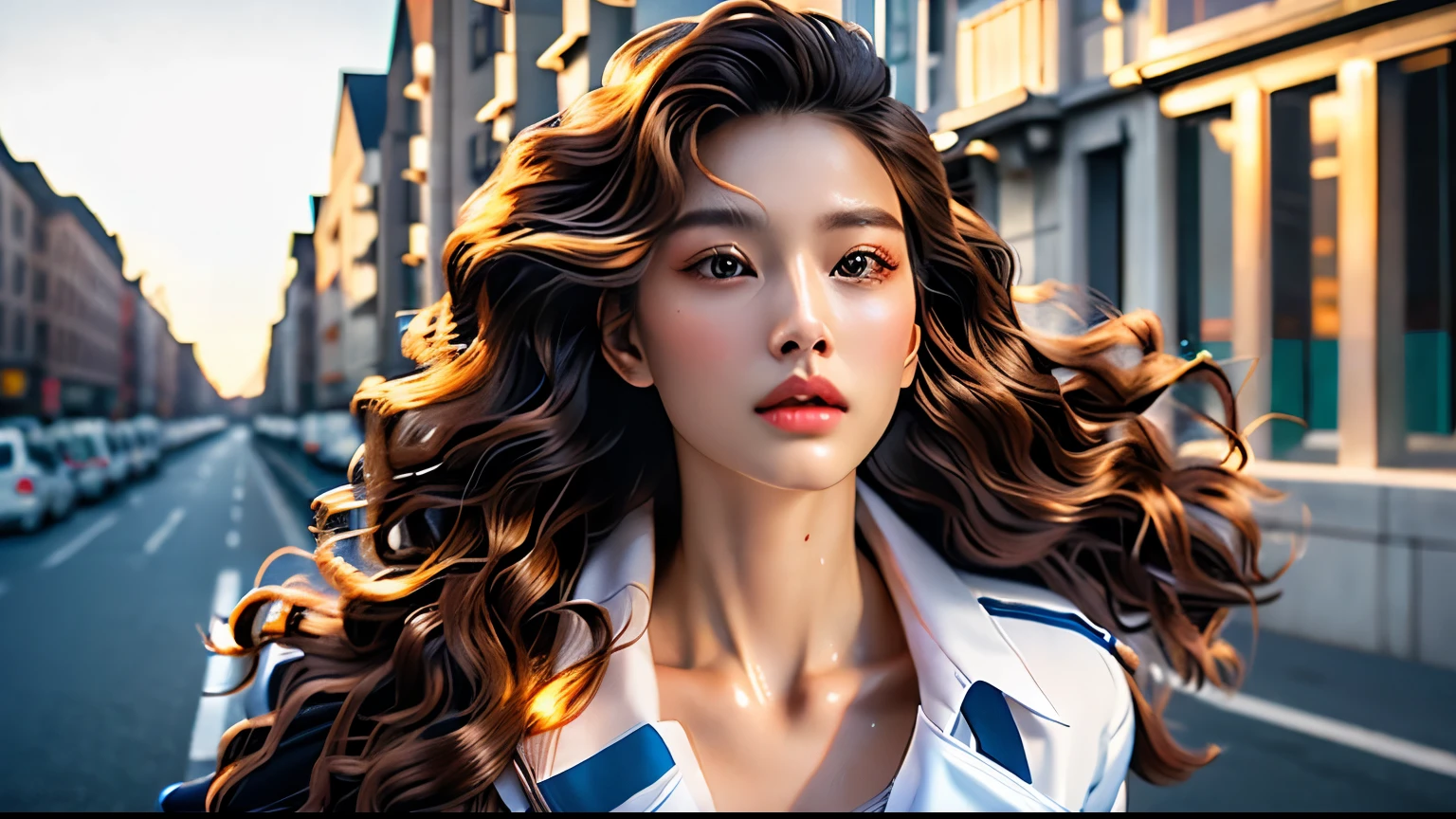 A woman with long hair is walking down the street,8k, Ultra-realistic, Detailed facial expressions, Photorealistic,photograph, 8K Real, Photorealistic,Chase,手を上げてChase,