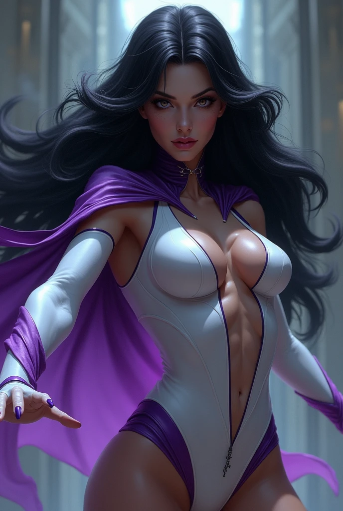 Sadistic and beautiful, long black haired villainess wearing a revealing white and purple skintight costume, using her mental powers to dominate a costumed hero’s mind and turn him into her willing slave.