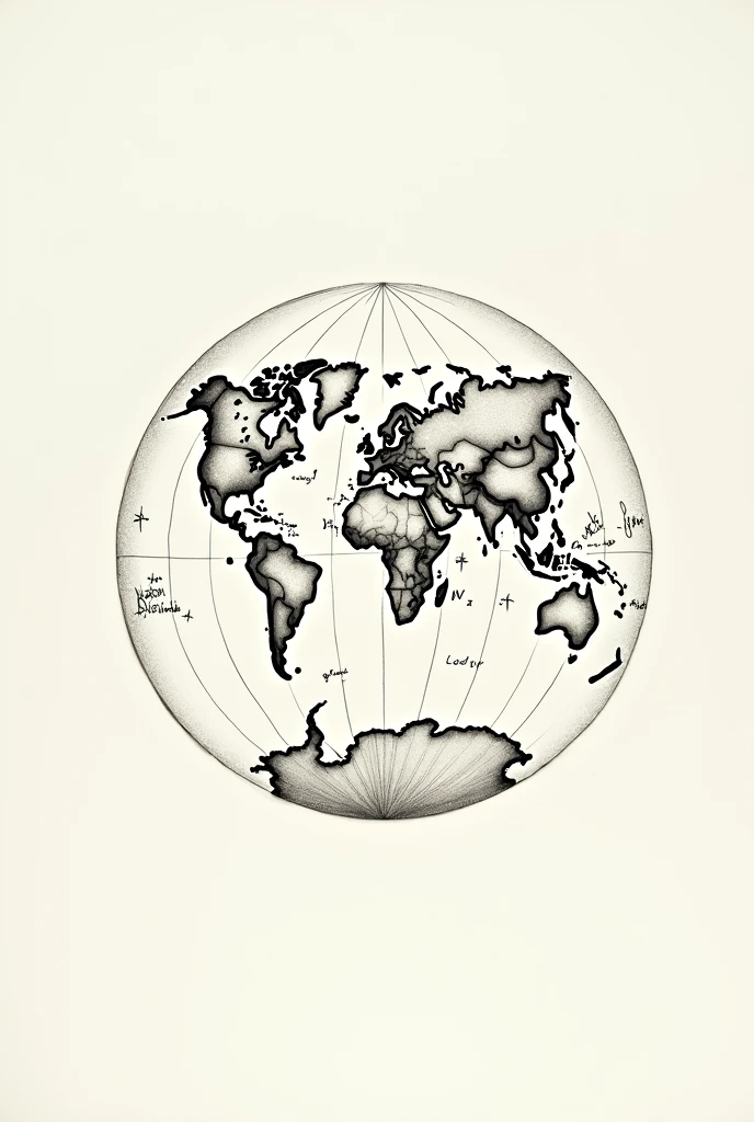 hand made drawing of globe and map of world