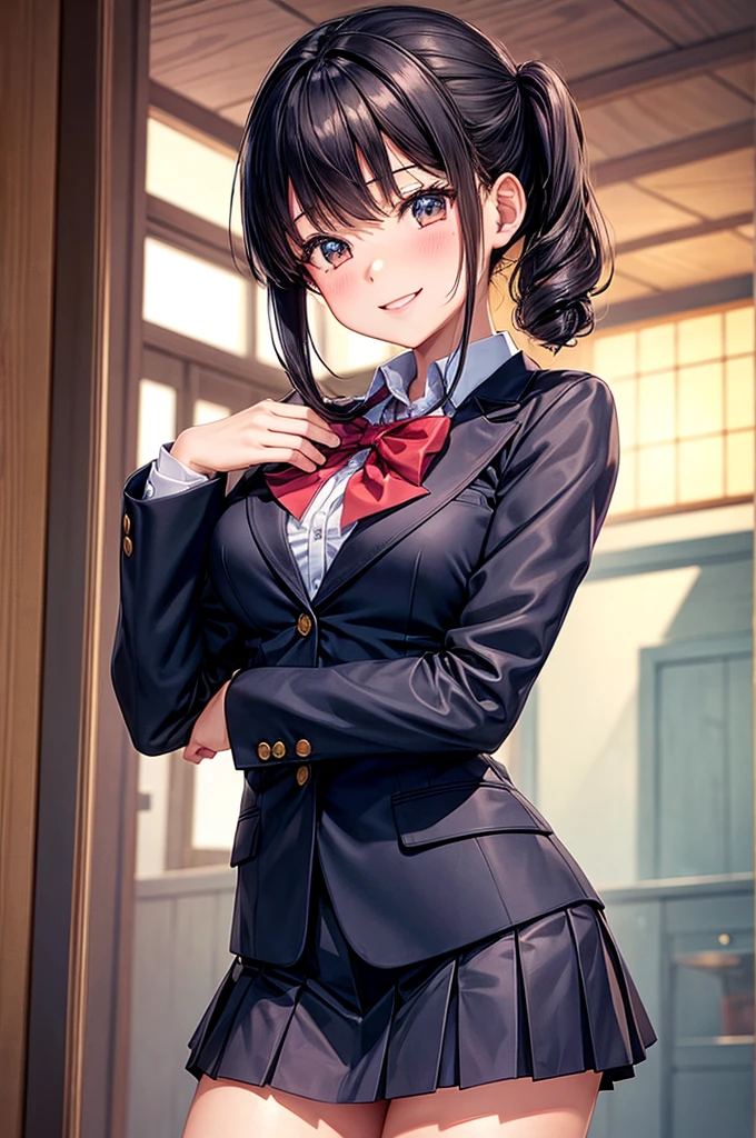 master piece , best quality , ultra detailed, Japanese, cute, 
1girl, smile, 17yo, school uniform, blazer, medium breasts, hime cut, cowboy shot, gravure