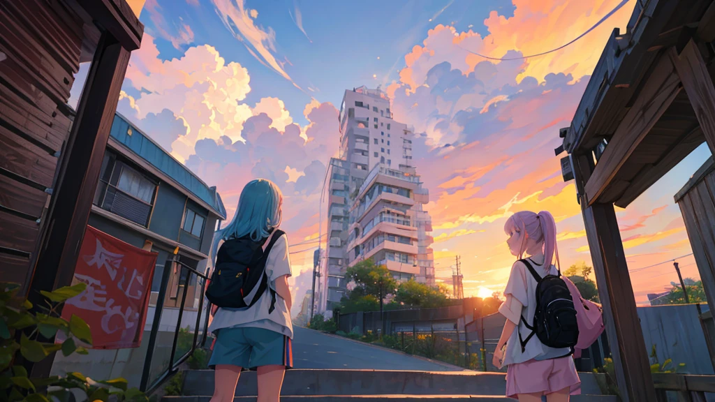 anime style, view of a city from below stairs, vegetation, clouds, Sunset, pastel colors, detailed, girl with shorts and backpack
