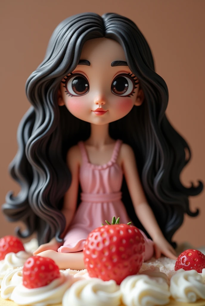 Brunette Cake Topper, black wavy hair. Mouth pouting with a slight smile. eyes black