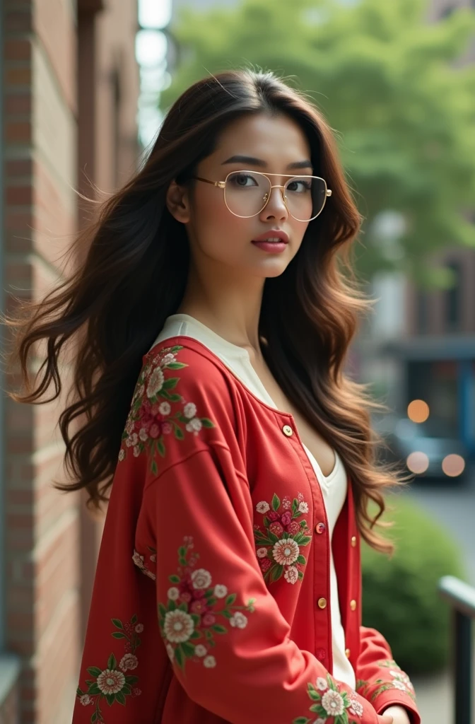 photograph of a woman, long brunette hair in a ponytail, perfect eyes, wearing circle tinted reflective glasses, jacket with flowers embroidered on the shoulder, t-shirt with a plunging neckline, in the city at night, High dynamic range, vivid, rich details, clear shadows and highlights, realistic, intense, enhanced contrast, extremely intricate details