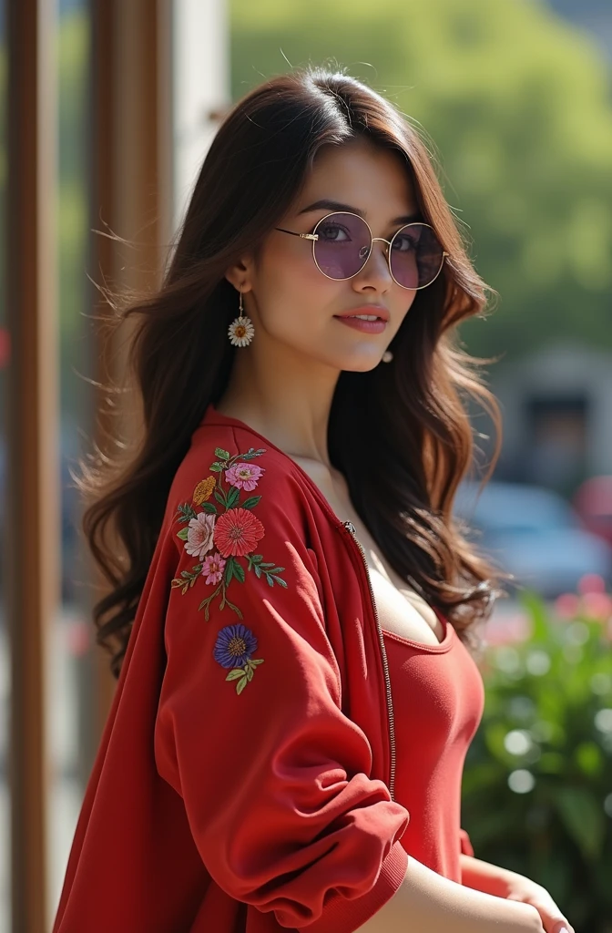 photograph of a woman, long brunette hair in a ponytail, perfect eyes, wearing circle tinted reflective glasses, jacket with flowers embroidered on the shoulder, t-shirt with a plunging neckline, in the city at night, High dynamic range, vivid, rich details, clear shadows and highlights, realistic, intense, enhanced contrast, extremely intricate details