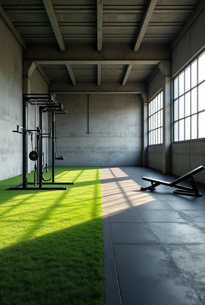 Gym warehouse measuring 40 meters long and 10 meters wide, divided horizontally by grass and rubber and only has three machines , pulley,cage and bench