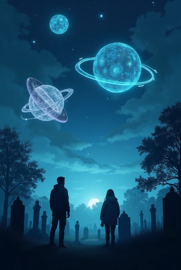 Two people watching from a cemetery at three holograms seen in the night sky, A hologram is shaped like an atom with its circular orbits, the other of a nucleus that shoots out and the third of a planet with several areolas