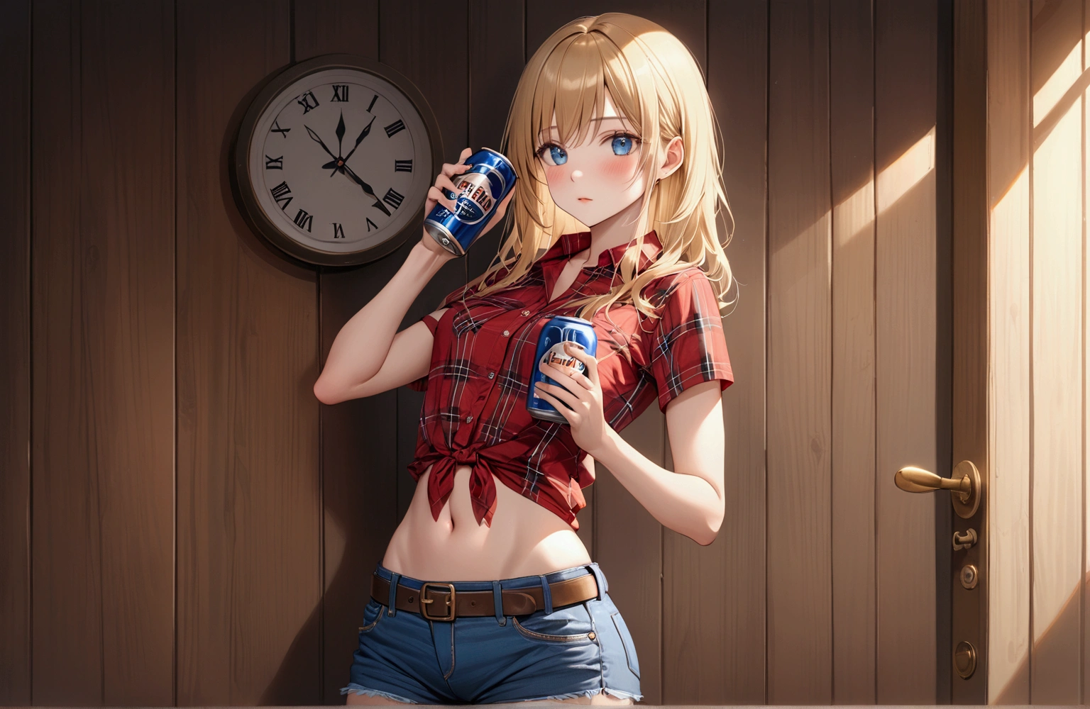 Woman with long blonde hair, blue eyes, Athletic build, Red plaid tight-fitting short-sleeved collared cowgirl shirt, clock, Navel exposed, Denim hot pants, Brown belt with oval buckle, Please stand up straight,blush, Fascinating face,In front of a wooden wall,can of beer,Front view,Cowboy Shot,16K, Highest quality, masterpiece, Realistic, detailed