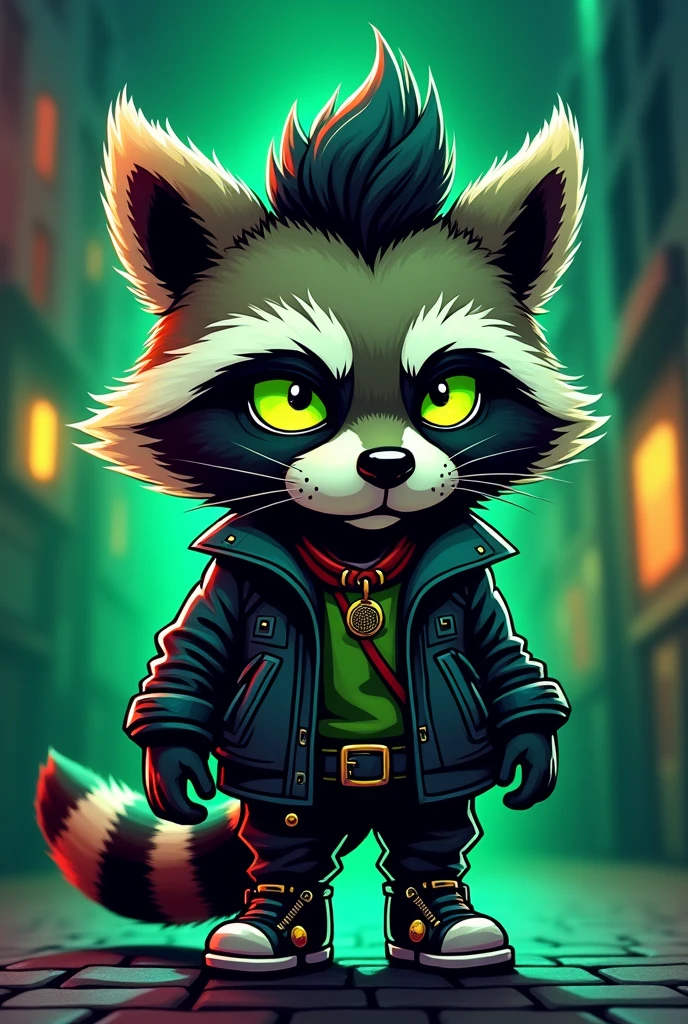 emoji, emotes, discord emoji, discord emote, cartoon, cute, dark moss green neon green black and white color scheme, raccoon, moss green and black raccoon, 2d, cartoon, glam rock, eyeliner, neon green eyes, punk jacket, leather,