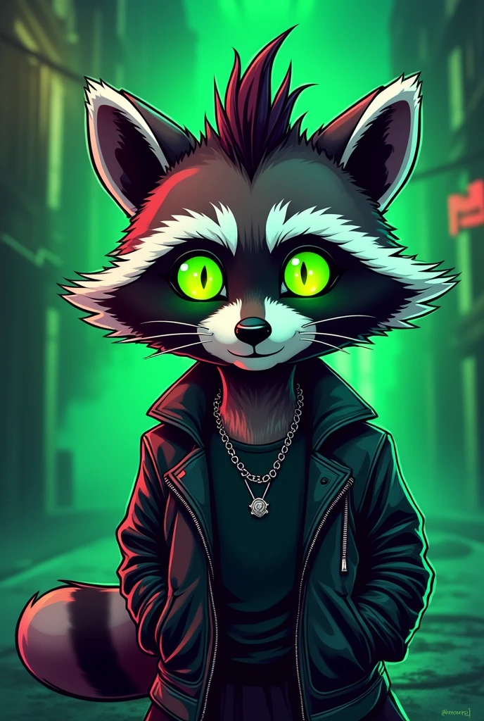 emoji, emotes, discord emoji, discord emote, cartoon, cute, dark moss green neon green black and white color scheme, raccoon, moss green and black raccoon, 2d, cartoon, glam rock, eyeliner, neon green eyes, punk jacket, leather, 