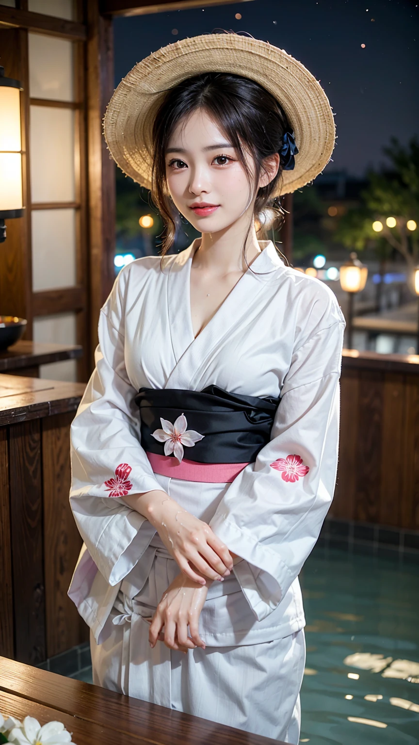 Woman attacked by monster tentacles、(Tabletop, Highest quality:1.4), Beautiful Face, 8k, 85mm, Absurd, (Floral Yukata:1.4), Upper Body, Viola Lace, Gardenia, Delicate girl, alone, break、Contrast、whole body、Grin、break、Brown Hair、Long Straight Hair 、cosmetics 、Big Breasts, I can see her cleavage、((drenched, Soaking wet, Dripping Water, Wet all over, Wet 、))、 Cherry Blossoms at Night、Cherry tree、Cherry blossom petals