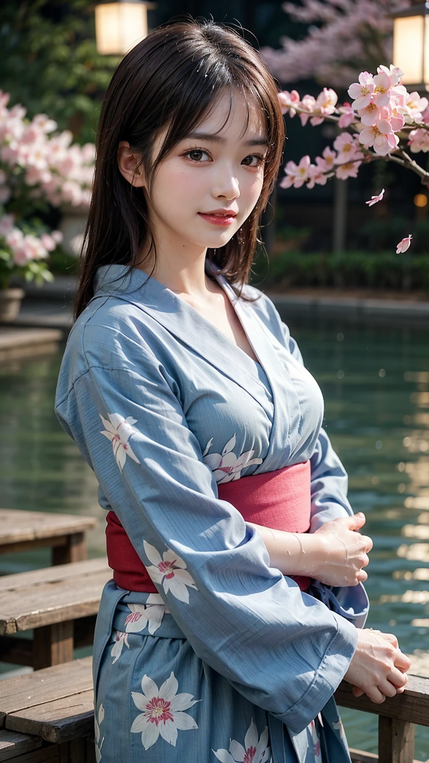 Woman attacked by monster tentacles、(Tabletop, Highest quality:1.4), Beautiful Face, 8k, 85mm, Absurd, (Floral Yukata:1.4), Upper Body, Viola Lace, Gardenia, Delicate girl, alone, break、Contrast、whole body、Grin、break、Brown Hair、Long Straight Hair 、cosmetics 、Big Breasts, I can see her cleavage、((drenched, Soaking wet, Dripping Water, Wet all over, Wet 、))、 Cherry Blossoms at Night、Cherry tree、Cherry blossom petals