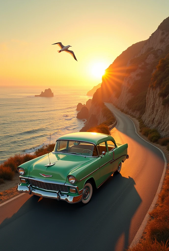 an old light green chevrolet car driving along the road by the beach at sunset