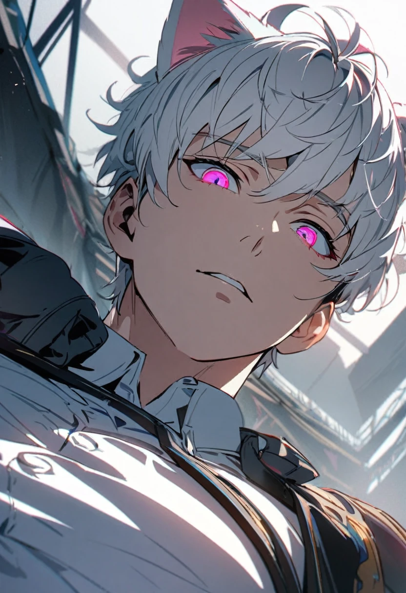 1 men, short white hair, Super detailed pink eye, Kitten ears, Wearing a white dress shirt, wearing gloves, slightly muscular body, view from below, 4K, bright coloured, High quality of details, close up no rosto, detailed shadows, male face