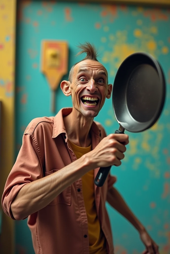 A skinny man gripping a frying pan like a firearm, dynamic pose, humorous expression, vibrant colors, realistic image ,exaggerated features --s 100 --ar 1:1 --no text