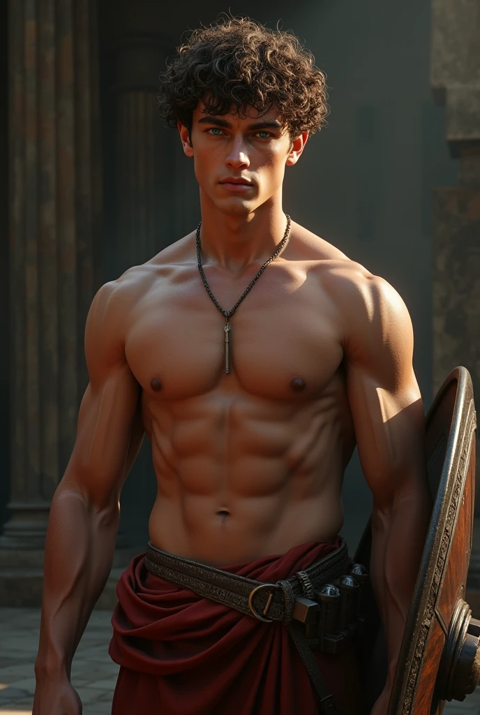 A  boy, muscular Greek soldier, , shirtless with realistic anatomy, curly brown hair, piercing blue eyes, dramatic lighting, cinematic composition, hyperrealistic, chiaroscuro, 8k, high quality, intricate details, photorealistic, dramatic lighting, epic, heroic, masculine, powerful