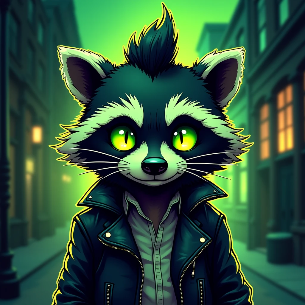 emoji, emotes, discord emoji, discord emote, cartoon, cute, dark moss green neon green black and white color scheme, raccoon, moss green and black raccoon, 2d, cartoon, glam rock, eyeliner, neon green eyes, punk jacket, leather, 