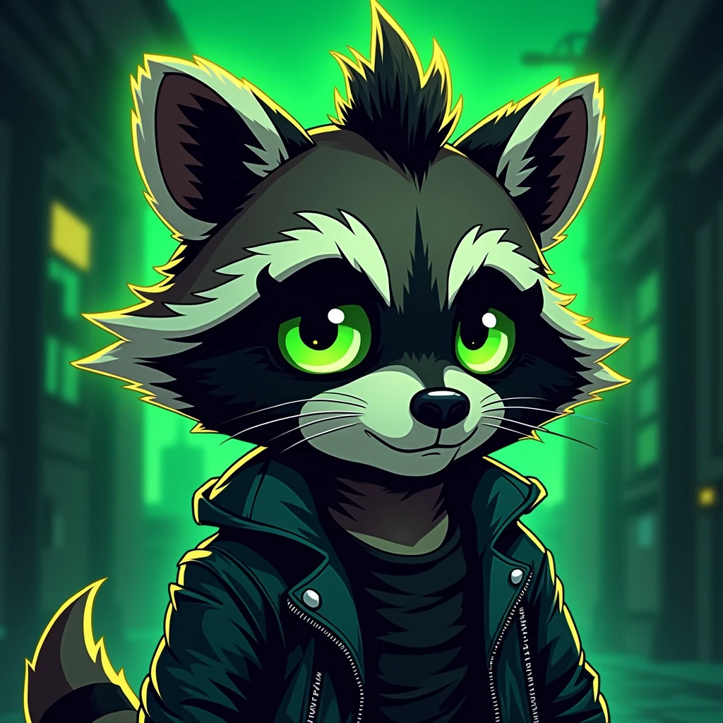 emoji, emotes, discord emoji, discord emote, cartoon, cute, dark moss green neon green black and white color scheme, raccoon, moss green and black raccoon, 2d, cartoon, glam rock, eyeliner, neon green eyes, punk jacket, leather, 