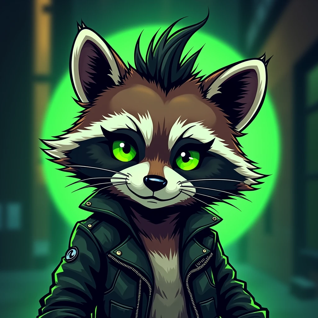 emoji, emotes, discord emoji, discord emote, cartoon, cute, dark moss green neon green black and white color scheme, raccoon, moss green and black raccoon, 2d, cartoon, glam rock, eyeliner, neon green eyes, punk jacket, leather, 