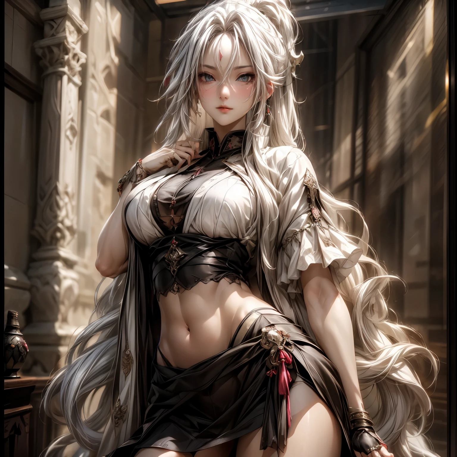 (best quality)), ((Masterpiece)), (details:1.4), 3d, HDR (high dynamic range), an image of a beautiful cyberpunk female, fantasy, medieval, Cyberpunk, Sleek style, pink hair, High ponytail, Beautiful White eyes, จมูกโด่ง, ปากแดง, หน้าอกใหญ่, nvidia RTX, PBR surface, After processing, Anisotropic filtration,depth of field, Maximum clarity and clarity, multi-layered surface, Subsurface scattering, perfect proportions, 8K raw files, ultra detailed, Perfect proportions, volumetric lighting, soft lighting, Holy Paldin, Heavy Golden Armor, White dress, intricate Silver embroidery, glossy skin, Bed room Background, jewely, ต่างหู, นิ้วมือสมบูณ์, mini black skirt,