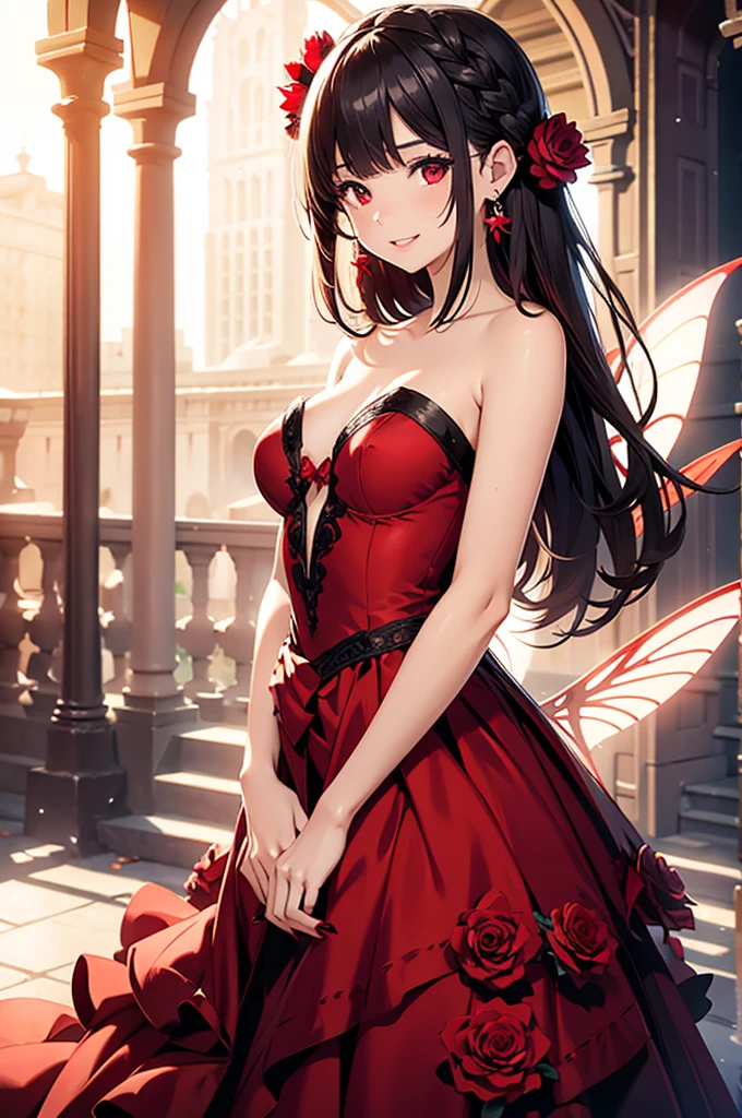 1girl, solo, long hair, breasts, looking at viewer, smile, bangs, red eyes, dress, holding, bare shoulders, jewelry, collarbone, braid, flower, red hair, earrings, small breasts, outdoors, parted lips, wings, nail polish, bare arms, petals, strapless, makeup, rose, red dress, red flower, strapless dress, red nails, red rose, fairy wings, holding flower