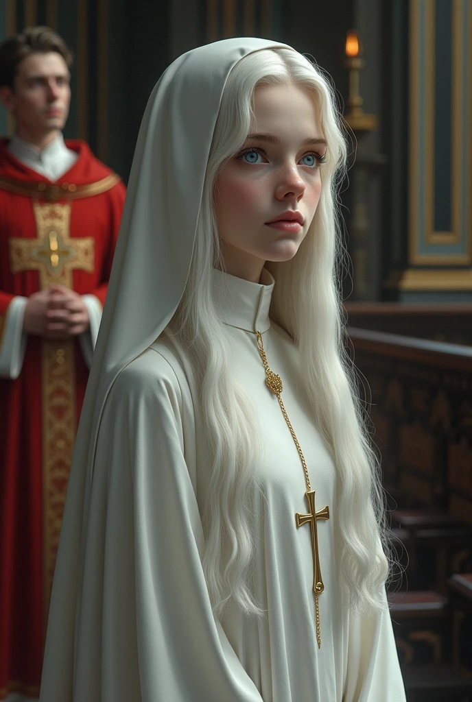 Albino girl with long white hair, from the realistic middle ages, blue eyes white nun clothes, with a cross necklace without looking at the camera, in the church church with a red bishop behind with sober atmosphere details.