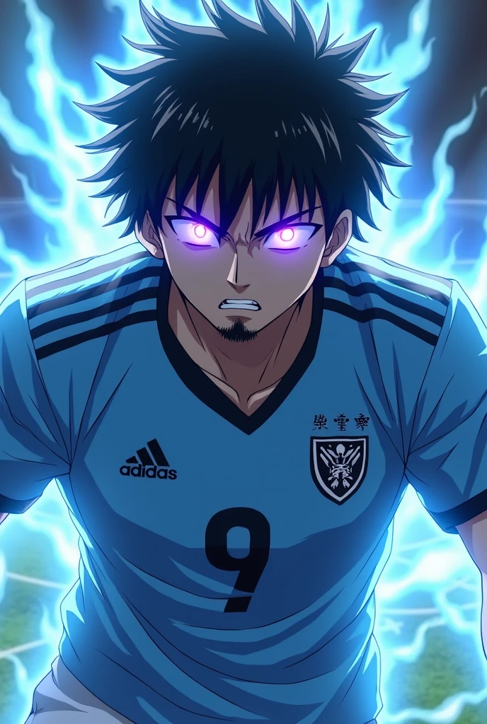 Create a football player with black wavy hair, wears a goatee and has the number 9 on his shirt, on the shirt it says ICE, he has in an attacking action position, make it in anime format, he is a serious player and he is 2, behind him there is a blurred field, His eyes glow purple and strands of energy come out, his face is the same as Sung Jin Woo&#39;s face