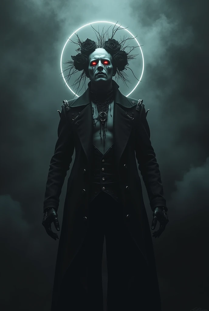 cyberpunk male vampyric robot crying black blood , floating in the air with a black led halo on the head and black evil roses on the head, night ghotic photo art, strong cinematic led lights on the background, totally strong black background, black smoke