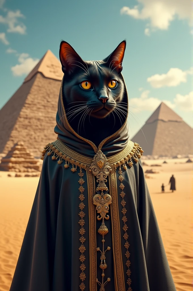 Black cat in arab costume in egypt , pyramide