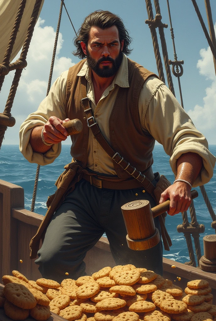 A sailor from the Age of Discovery pounding biscuits with a hammer