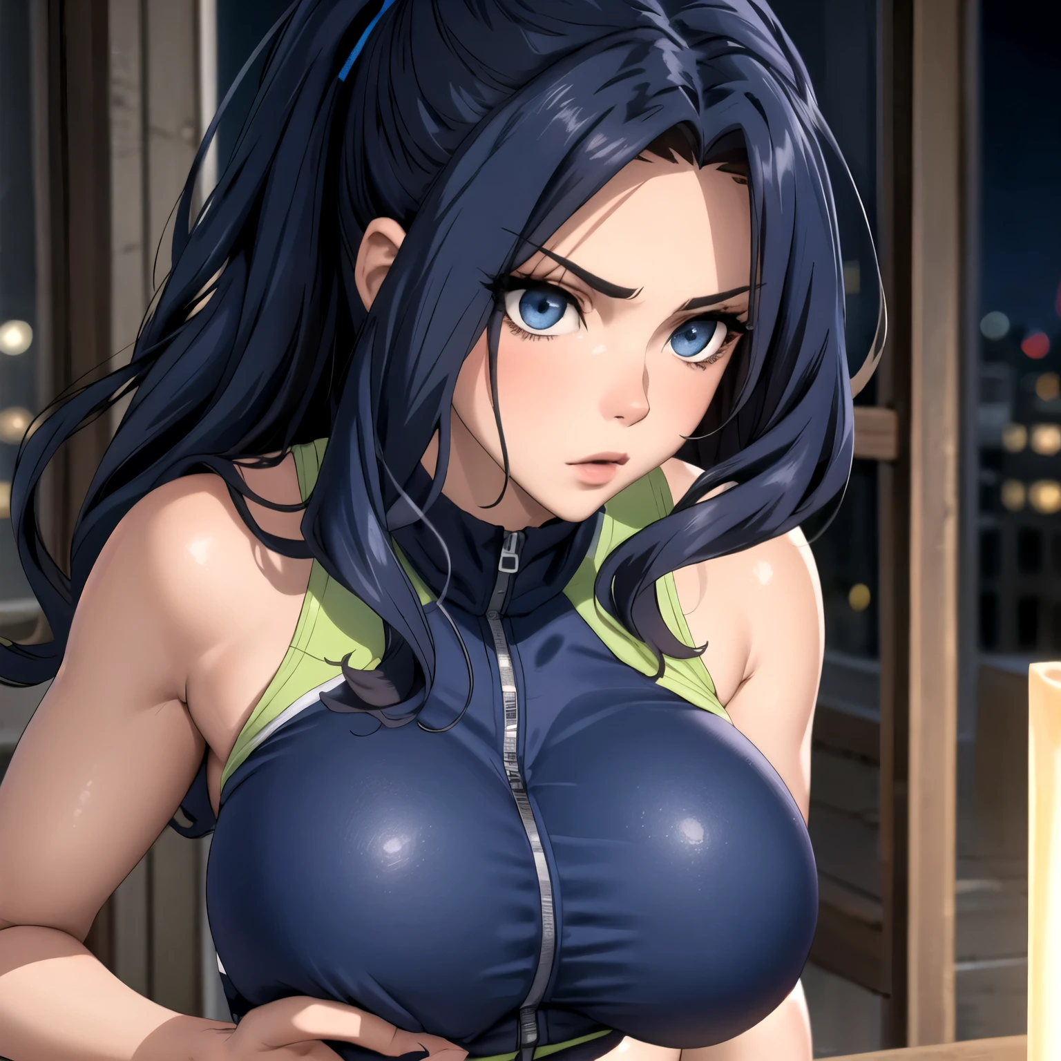 Melty Q Melromarc. detailed blue eyes, beautiful light skinned woman, straight wavy hair BLUE, bright blue eyes big breasts fitness clothing, low-cut, New York at night background.