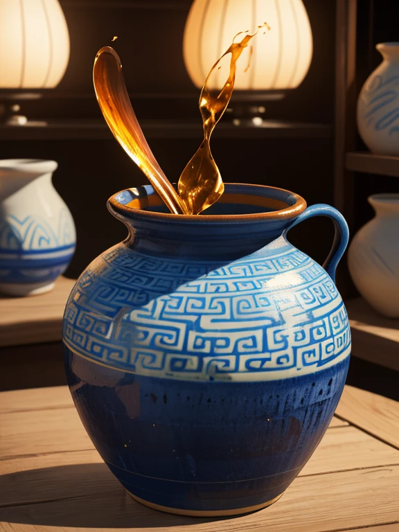 (best quality,8k,highres, masterpiece:1.2), ultra-detailed, HDR, UHD, studio lighting, ultra-fine painting, sharp focus, physically-based rendering, extreme detail description, professional, vivid colors, bokeh, portraits, concept artists, warm color palette, dramatic lighting,Pottery vessels, Greek pot with image, Greek pot has Image of Typhon, tranquility, beauty, Greek ceramics, ceramic vessels close to black and orange, Greek-style Ceramics