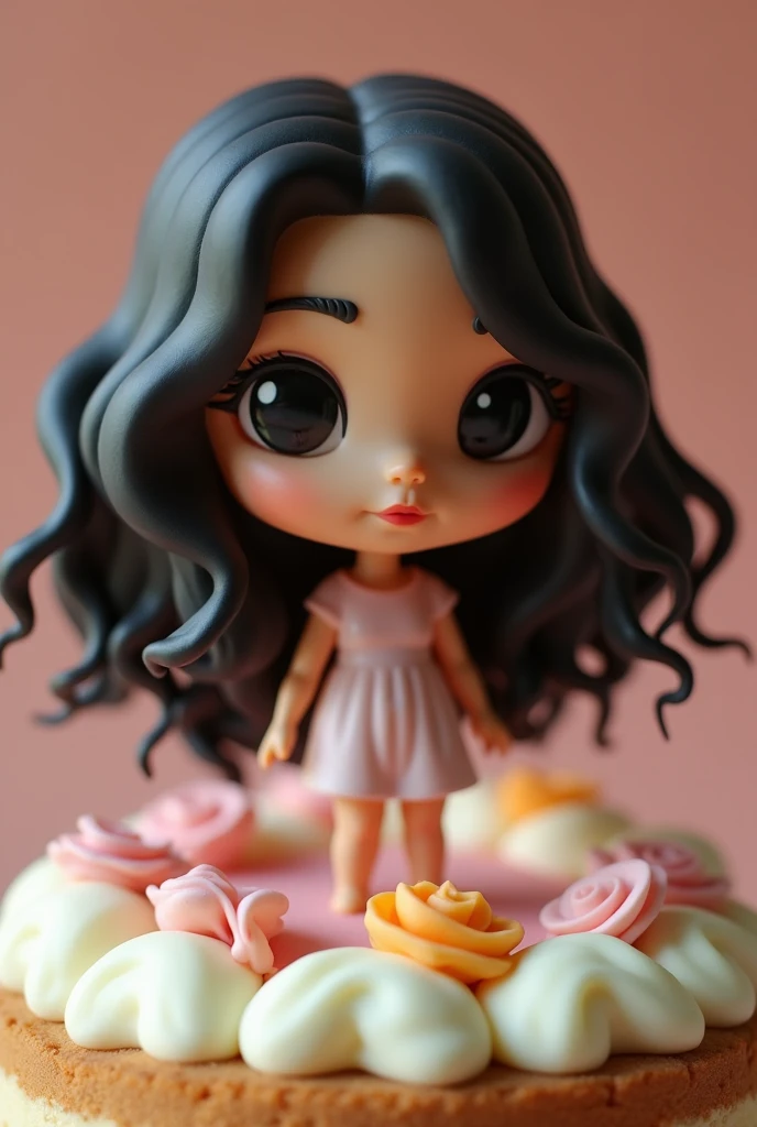Brunette Cake Topper, medium wavy black hair. Mouth pouting with a slight smile. eyes black