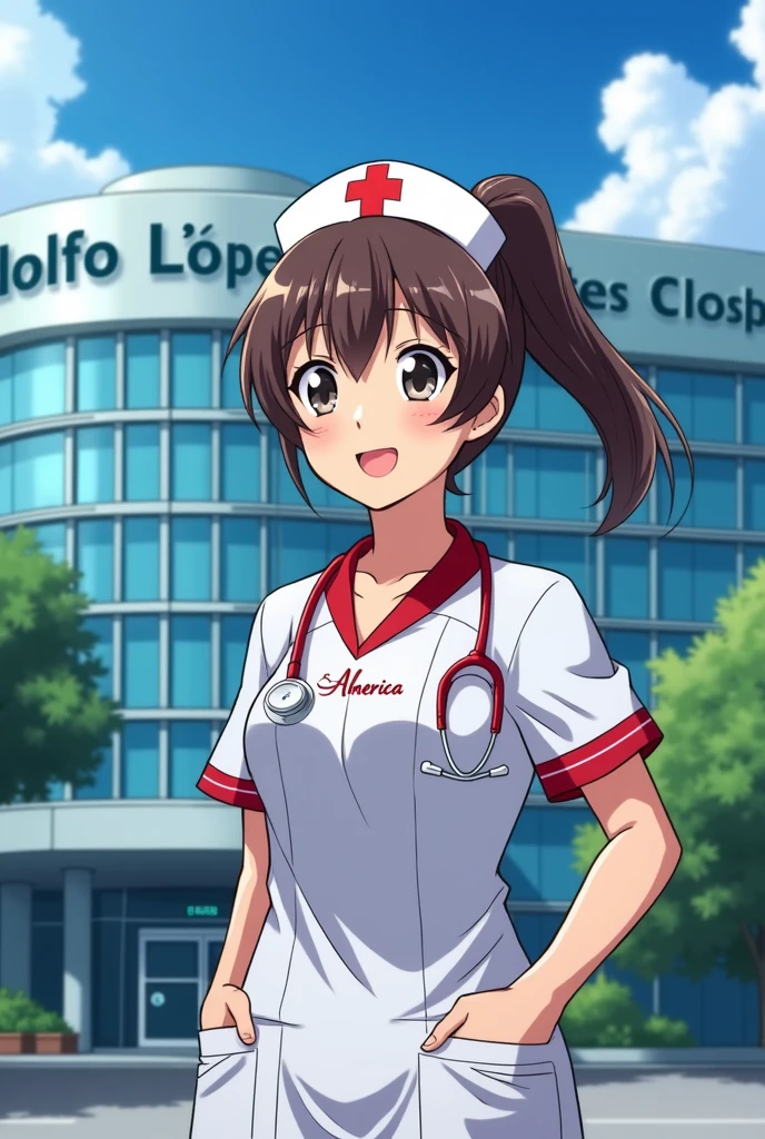 An anime nurse who has the name America on her uniform and the Lic Adolfo López Mateos hospital in the state of Mexico in the background 