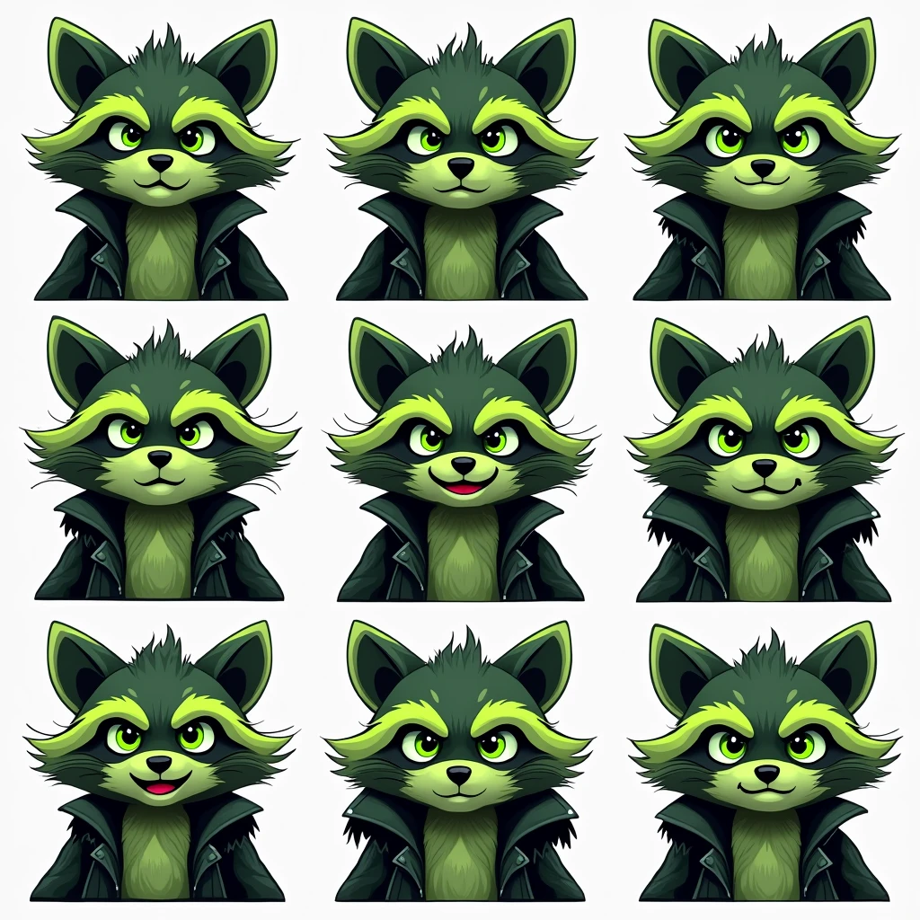 emoji, emotes, discord emoji, discord emote, cartoon, cute, dark moss green neon green black and white color scheme, raccoon, moss green and black raccoon, happy emoji, sad emoji, angry emoji, excited emoji, eye roll emoji, suprised emoji, 2d, cartoon, glam rock, eyeliner, neon green eyes, punk jacket, leather, 