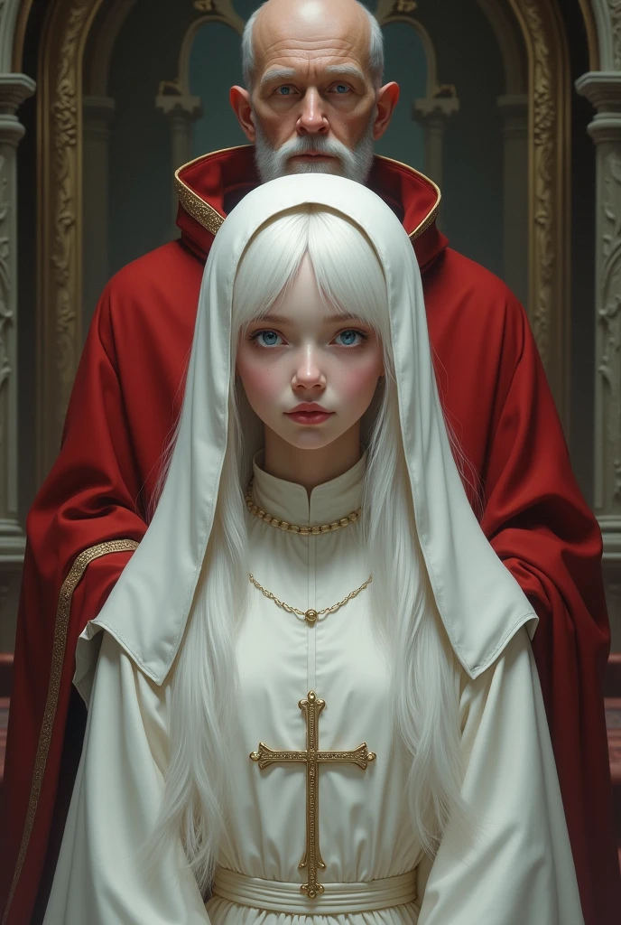 Albino girl with long white hair, from the realistic middle ages, blue eyes white nun clothes, with a cross necklace without looking at the camera, in the church church with a red bishop behind details.