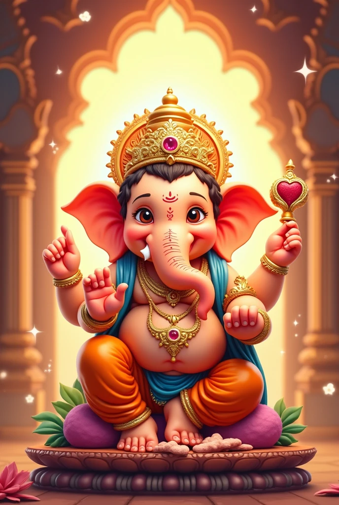 (masterpiece, best quality), 8k, (((Very detailed))), Lord Ganesha, sweet in hand, smiling, happy, cartoon style, vibrant colors, intricate patterns, playful expression, soft lines, large ears, round belly, warm tones, divine light, joyful aura, ornate details, spiritual presence, cute and charming.