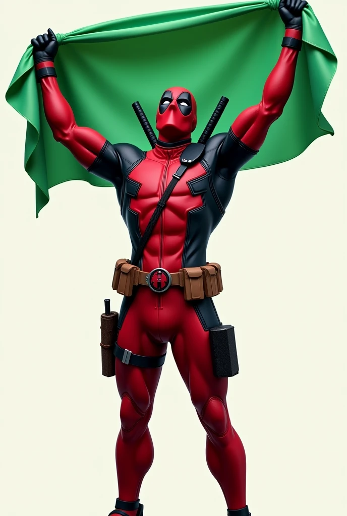 Design a logo that features an ultra-realistic depiction of a Deadpool-like character, holding hands in triumph with a green flag in his hands. The design should be detailed and realistic, capturing the character's iconic costume and his playful yet triumphant expression.