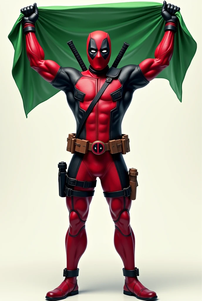 Design a logo that features an ultra-realistic depiction of a Deadpool-like character, holding hands in triumph with a green flag in his hands. The design should be detailed and realistic, capturing the character's iconic costume and his playful yet triumphant expression.