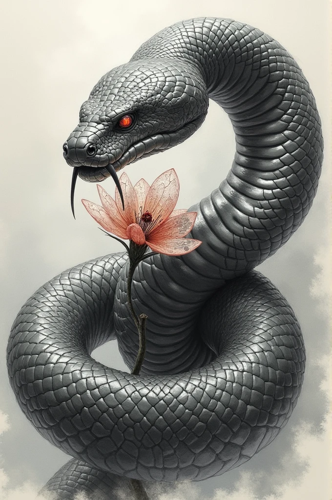 Sketch of a giant anaconda wrapping around a cracked glass flower