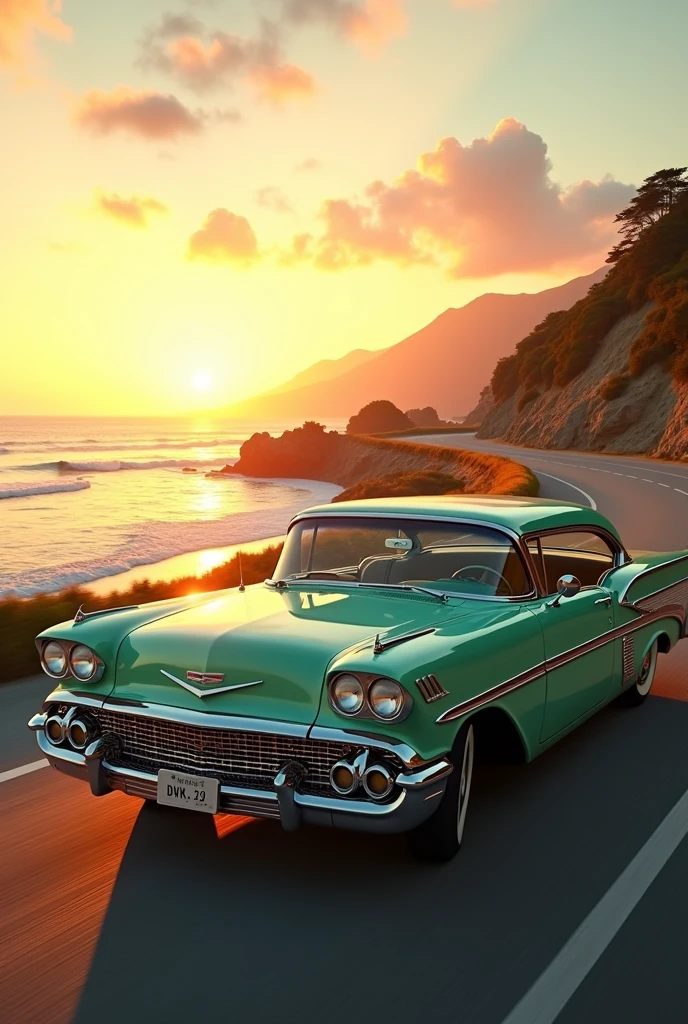 a light green chevrolet impala car driving along the road by the beach at sunset