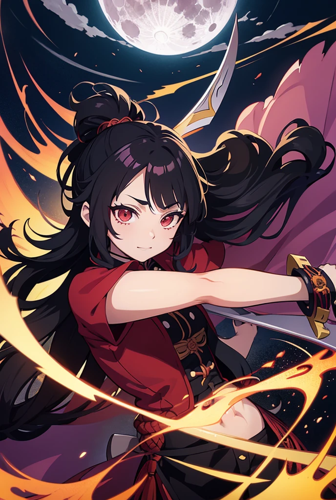 Anime character with long hair holding a sword in front of a full moon, cute face in demon slayer art, Kimetsu no yaiba, Inspired by Demon Slayer, Yoriichi Tsugikuni, Demon Slayer art style, Demon Slayer anime image., Tanjiro Kamado