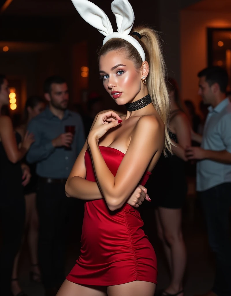 A detailed image of a young female with light blonde hair styled in a tight high ponytail before going out to party, facing forward, touching the shoulder with the left hand and opening the mouth wide. The image frames her entire body, from his shoes to his head. It is in a dimly lit room at night. He has a sweet facial expression with blue eyes and a challenging look.. She is wearing a tight red silk short tube dress that highlights her curvy figure and a tight black choker and a white bunny ears headband.. Her makeup is delicate, with a soft shade that harmonizes with your outfit. Night lighting creates a modern and elegant atmosphere, highlighting her party-ready look.