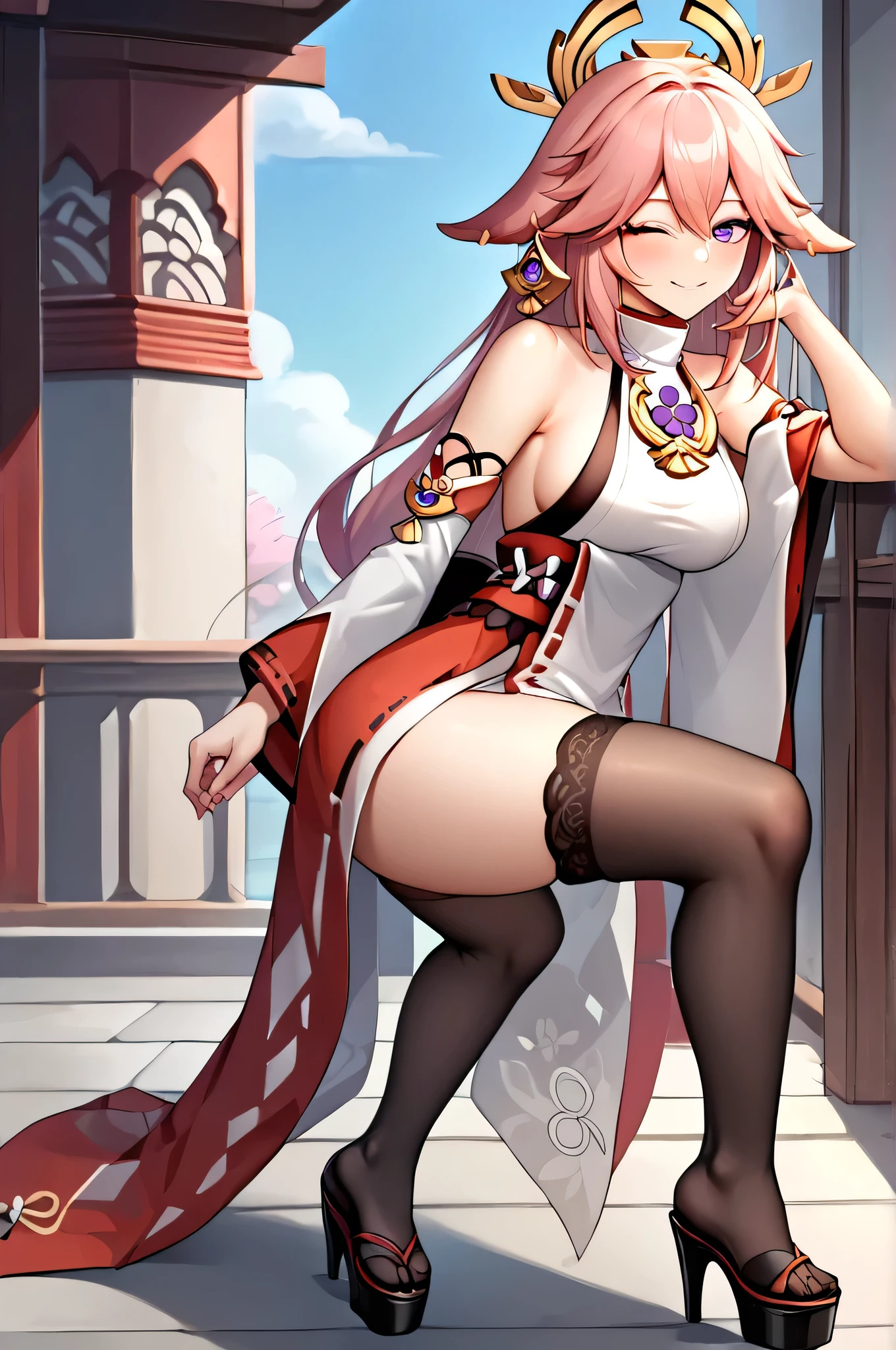 score_9, score_8_highly, best quality,masterpiece,Viewers look at,most absurd,1 girl, Pause Bachong, Side curls, sleeveless_chemise,non-traditional_miko, White_sleeve, Wide_sleeve, ear rings, japanese_attire, just_pauldrons, detached_sleeve, yae miko, Genshin Influence, fox shadow phighlypet one eye closed, grin, closed mouth, red eyeshadow, hole body, legs, Platform High Heels, Body from the side, black nylon stockings
