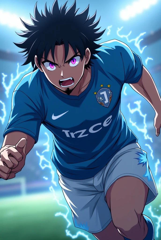 Create a football player with black wavy hair, wears a goatee and has the number 9 on his shirt, on the shirt it says ICE, he has in an attacking action position, make it in anime format, he is a serious player and he is 2, behind him there is a blurred field, His eyes glow purple and strands of energy come out, his face is the same as Sung Jin Woo's face