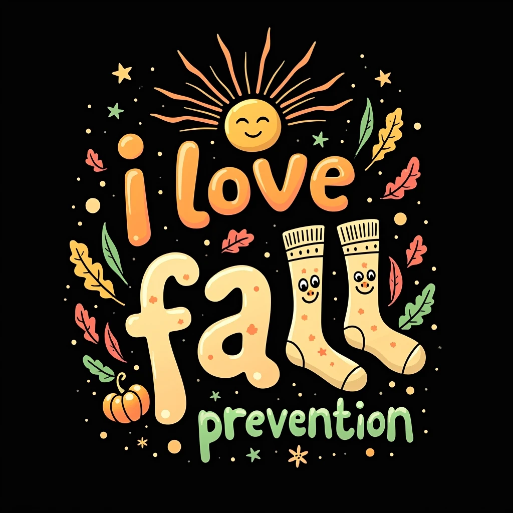 black background,playful,psychedelic, hippie aesthetic from the 60s design featuring typography text 'I LOVE FALL' in a bold, rounded typography font with a hand-drawn, playful vibe with a subheading 'Prevention' in the same font below. Use a warm color palette beige,orange,green,yellow,pink.at center feature two anthropomorphized large cartoon socks.Incorporate a stylized sunburst graphic above the text, with thick, wavy lines radiating from a central point,add small autumn leaves around. Apply a gradient effect to the text and graphic elements.